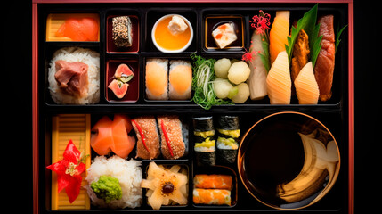 of an assortment of Japanese food, studio photo 

