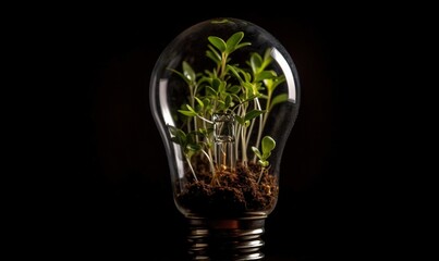  a light bulb with a plant inside of it on a black background with a reflection of a light bulb on the ground and a plant in the light bulb.  generative ai