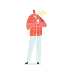 Male Character Checks His Smartphone, Browsing The Internet Using Wi-fi. Man Taking Advantage Of The Convenience