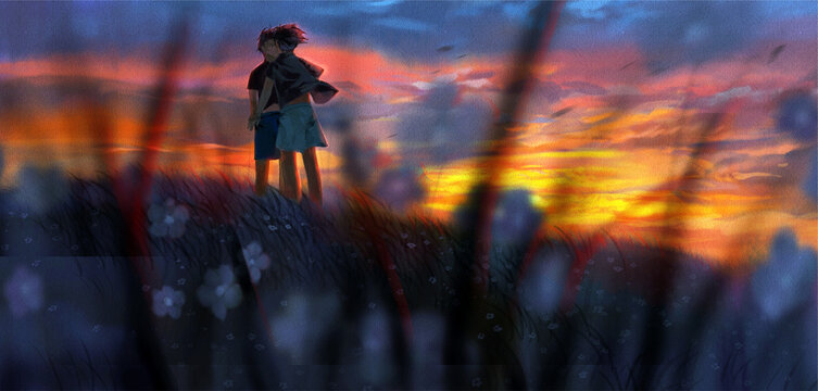 A  boy and a girl are standing very close facing each other at sunset digital art 