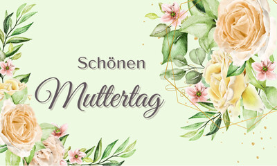 Karte oder Banner, um einen glücklichen Muttertag in Grau auf grünem Hintergrund mit Blumen auf jeder Seite in Rosa-, Gelb- und Lachsfarben zu wünschen