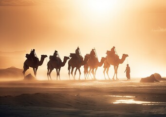 Camel caravan in the Sahara desert - generative ai