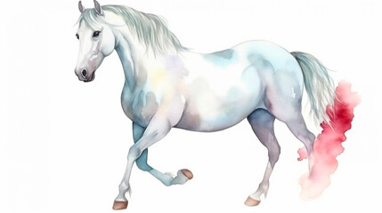 Fototapeta na wymiar watercolor, a beautiful white stallion, playful AND delightful