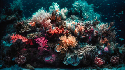 The coral reef with fish rising from the water - obrazy, fototapety, plakaty