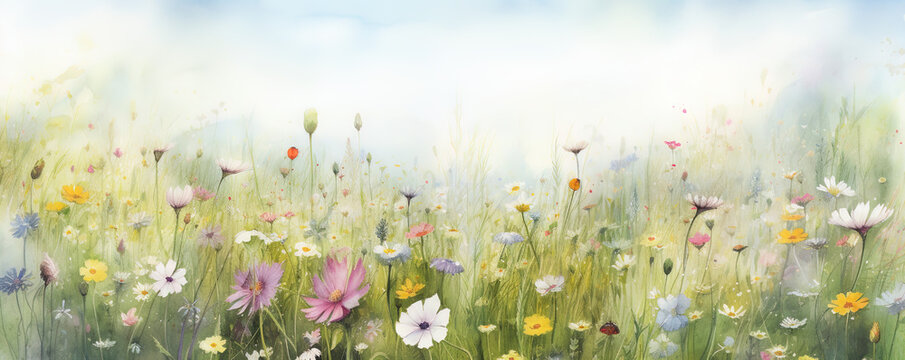 Meadow with wildflowers and sunshine card, summer flowers in field with grass, serenity of vacation with insects and fragrance. Generative AI.