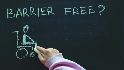 Hand drawing a words barrier free with a question mark and a disabled man in a wheelchair in front of stairs with turquoise and yellow chalk on a blackboard in timelapse. Urban accessibility problem