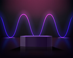 Fototapeta na wymiar Dark room with waving glowing neon and podium. 3d vector showcase for display products