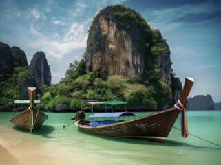 Naklejka na ściany i meble Thailand traditional wooden longtail boat on a small island beach - generative ai