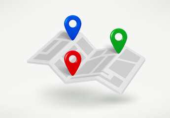 Paper map with color points of interest. 3d vector illustration