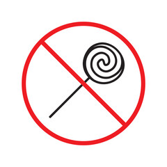 Candy prohibited vector icon. No candy icon. Forbidden lollipop icon. No ice cream flat sign design. Warning, caution, attention, restriction, danger label ban symbol pictogram