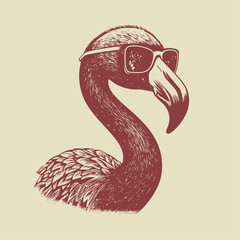 Hand drawn flamingo wearing sunglasses illustration. Vintage woodcut engraving style vector.  © RetroVector
