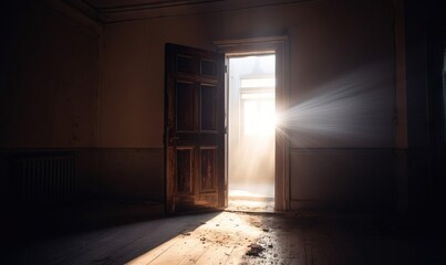  an open door in a dark room with sunlight streaming through it and a light coming through the door is shining in the room with the light.  generative ai