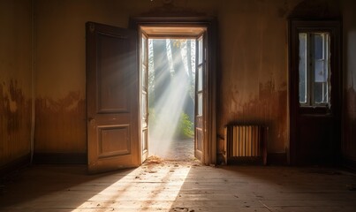  an open door leading to a bright light in a room with a wooden floor and a radiator on the side of the door.  generative ai