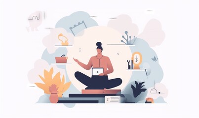  a woman sitting in a lotus position with a laptop on her lap and a plant in the corner of the room in front of her.  generative ai