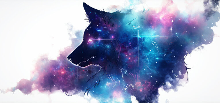 illustration of watercolor wolf in cosmic space. generative ai.
