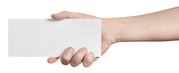 Male hand holding blank sheet of paper (ticket, flyer, invitation, coupon, banknote, etc.), cut out