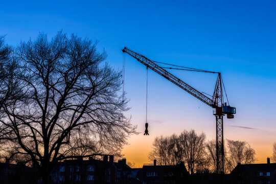 Construction crane at twilight, with cityscape and trees background. High quality generative ai