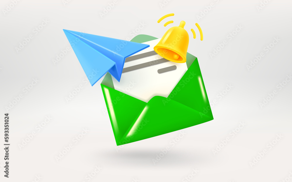 Poster green envolope, golden bell and blue plane. sending or receiving a new message concept. 3d vector il