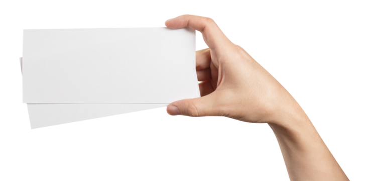 Male hand holding two blank sheets of paper (tickets, flyers, invitations, coupons, banknotes, etc.), cut out