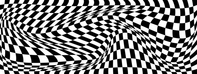 Abstract black and white chess concept 3d background. Wave pattern with the effect of illusion. Style backdrop. Vector illustration.