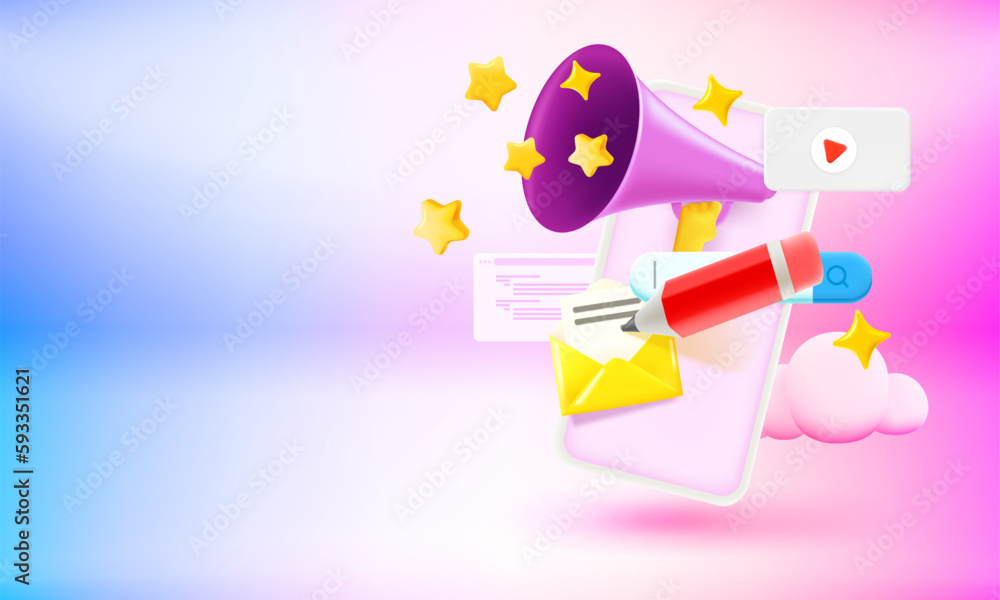 Poster Using internet social media via mobile phone concept. 3d vector banner with copy space