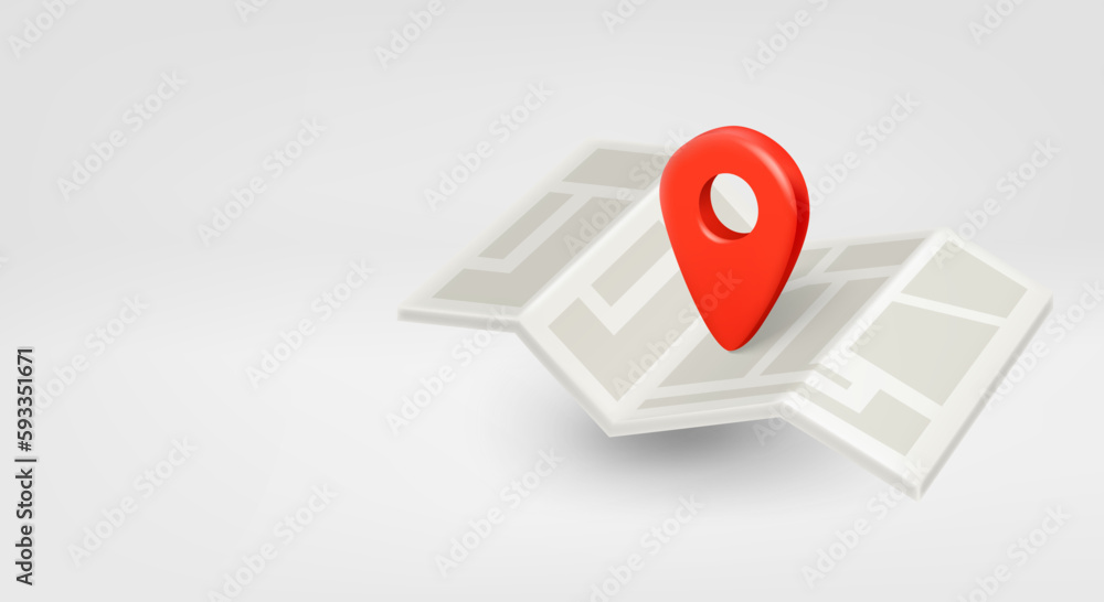 Fototapete Location pointer on paper map. 3d vector banner with copy space