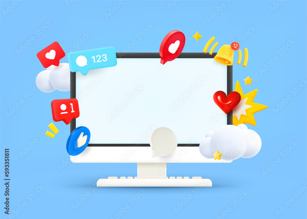 Aufkleber Computer monitor with video social media elements and blank screen. 3d vector illustration
 