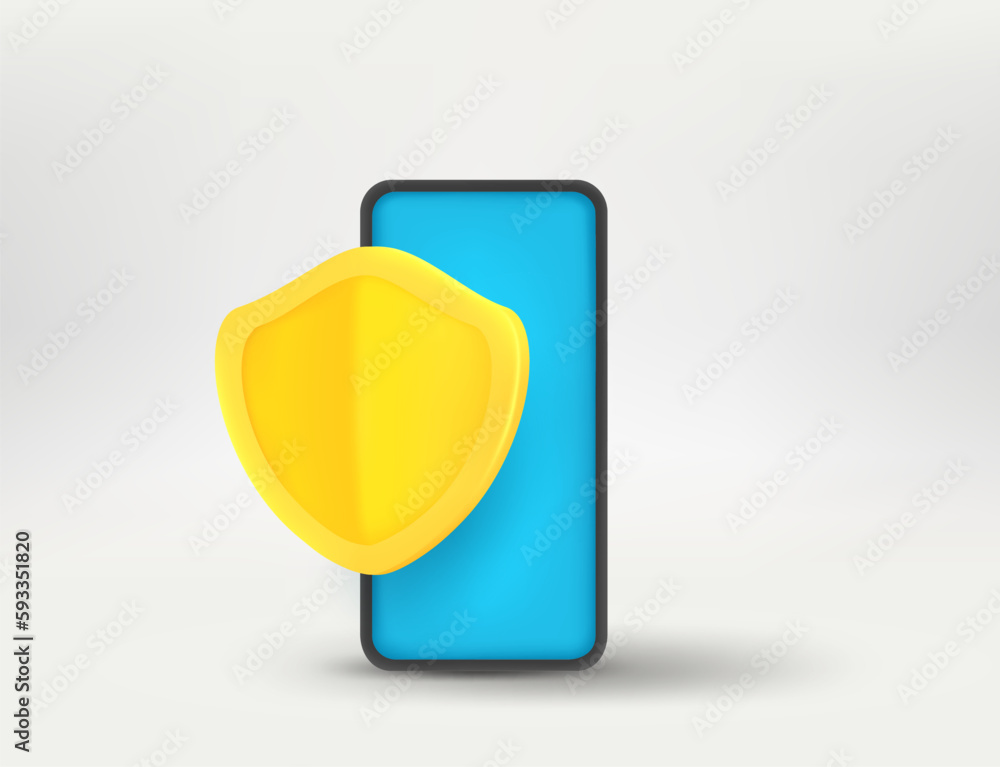 Poster modern smartphone with shield. mobile security concept. 3d vector illustration