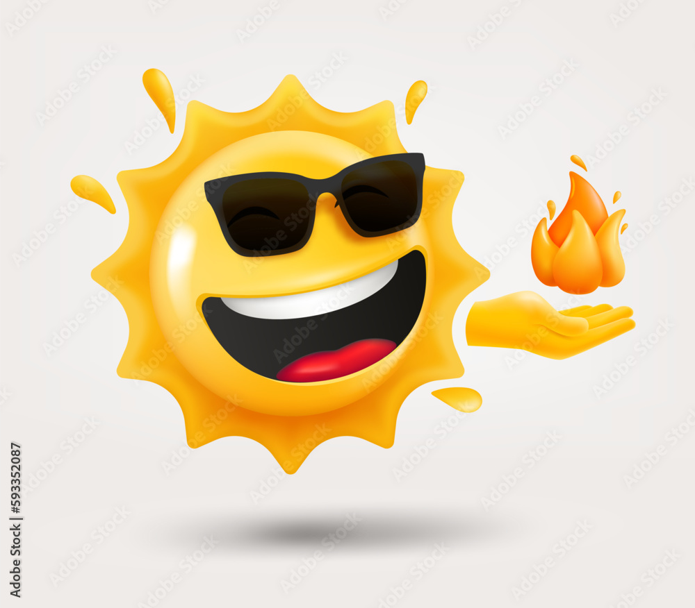 Poster happy sun emoji with the flame in a hand. 3d vector isolated on white background