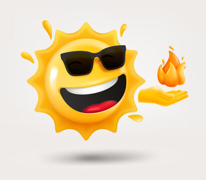 Happy sun emoji with the flame in a hand. 3d vector isolated on white background