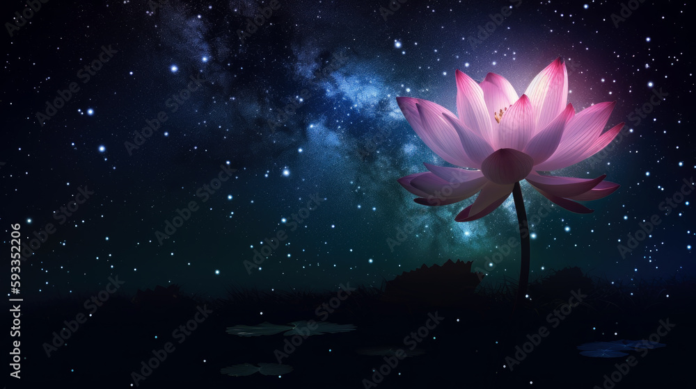 Poster beautiful lotus flower in cosmic space. generative ai.