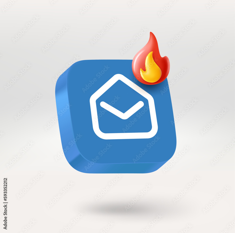 Poster new mail icon with flame sign. 3d vector icon isolated on white background