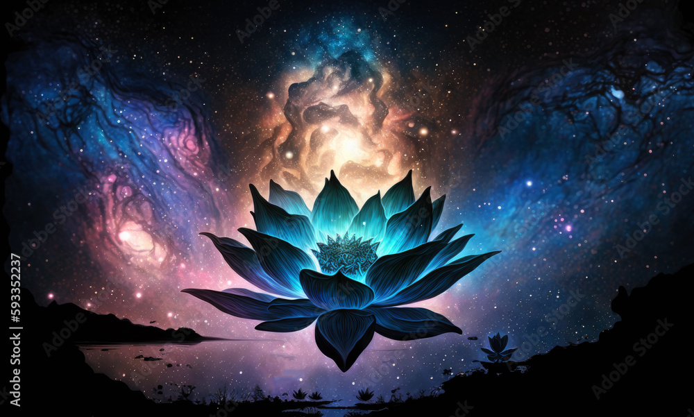 Poster beautiful lotus flower in cosmic space. generative ai.