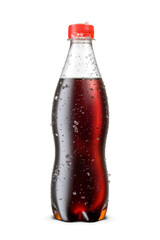 Plastic cola bottle with ice crystals and water droplets isolated on white background. - obrazy, fototapety, plakaty