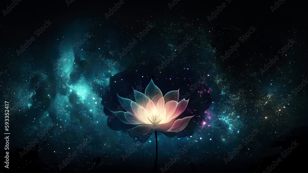 Poster beautiful lotus flower in cosmic space. generative ai.