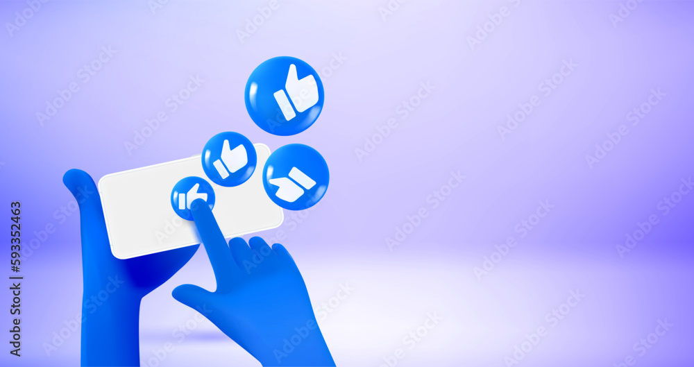Poster man holding smartphone with thumbs up media icons. vector 3d banner with copy space