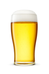 Tulip pint glass of fresh yellow beer with cap of foam isolated on white background.
