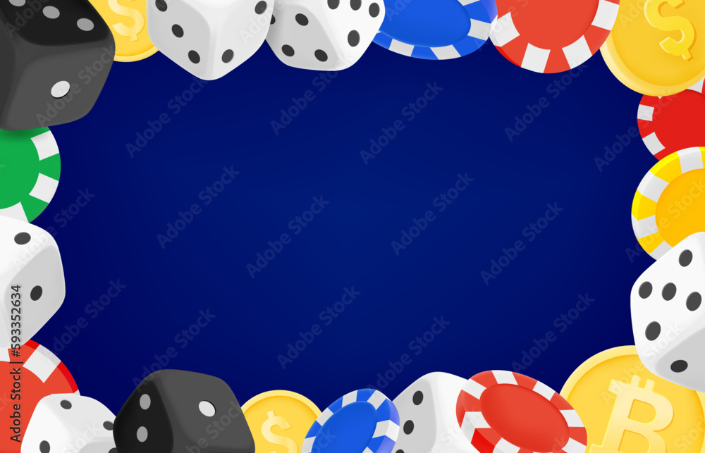 Poster casino game concept with dice, coins and casino chips. 3d vector frame with copy space