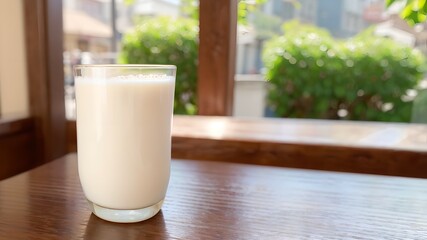 glass of milk on wooden table