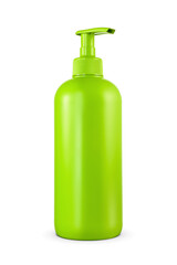 Liquid soap or shampoo in green blank plastic bottle with dispenser cap isolated on white background.