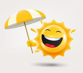 Happy sun emoji with umbrella in a hand. 3d vector isolated on white background © tovovan