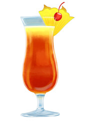 Tropical cocktail with cherry and pineapple, watercolor illustration. Sex on the beach cocktail