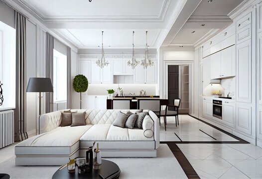 Interior of luxury home, art deco modern trendy living room in white colors kitchen and living room, mock up, ai generative