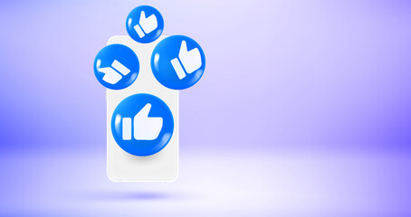 Man holding smartphone with thumbs up media icons. Vector 3d banner with copy space