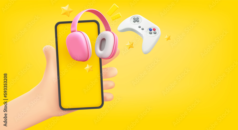 Poster man holding smartphone with multimedia gadgets. 3d vector banner with copy space