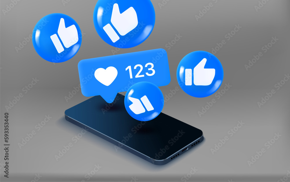 Poster social media notification bubbles with thumbs up and smartphone. 3d vector concept