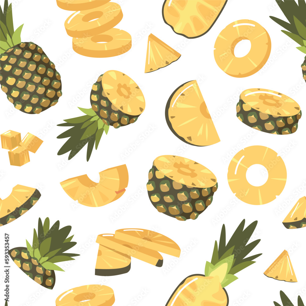 Poster seamless pattern features bright and colorful pineapples whole fruits and slices with playful twist,