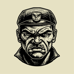 Frowning Biker Portrait. Hand drawn vintage engraving style woodcut vector illustration.	
