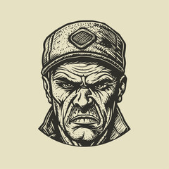 Frowning Biker Portrait. Hand drawn vintage engraving style woodcut vector illustration.	
