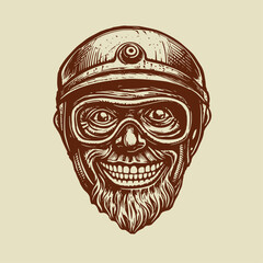 Smiling Biker Portrait with crazy look. Hand drawn vintage engraving style woodcut vector illustration.	
